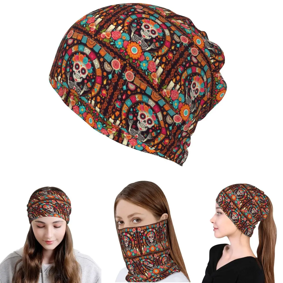 

Mexican Skull Calavera Illustration Bandana Neck Cover Mask Scarf Multi-use Headwear Beanies Hat for Men Women Adult Washable