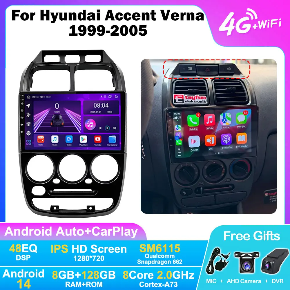 Android 14 Car Radio For Hyundai Accent Verna 1999-2005 9inch Carplay Auto GPS Navigation 4G Wifi 8Core Multimedia Video Player