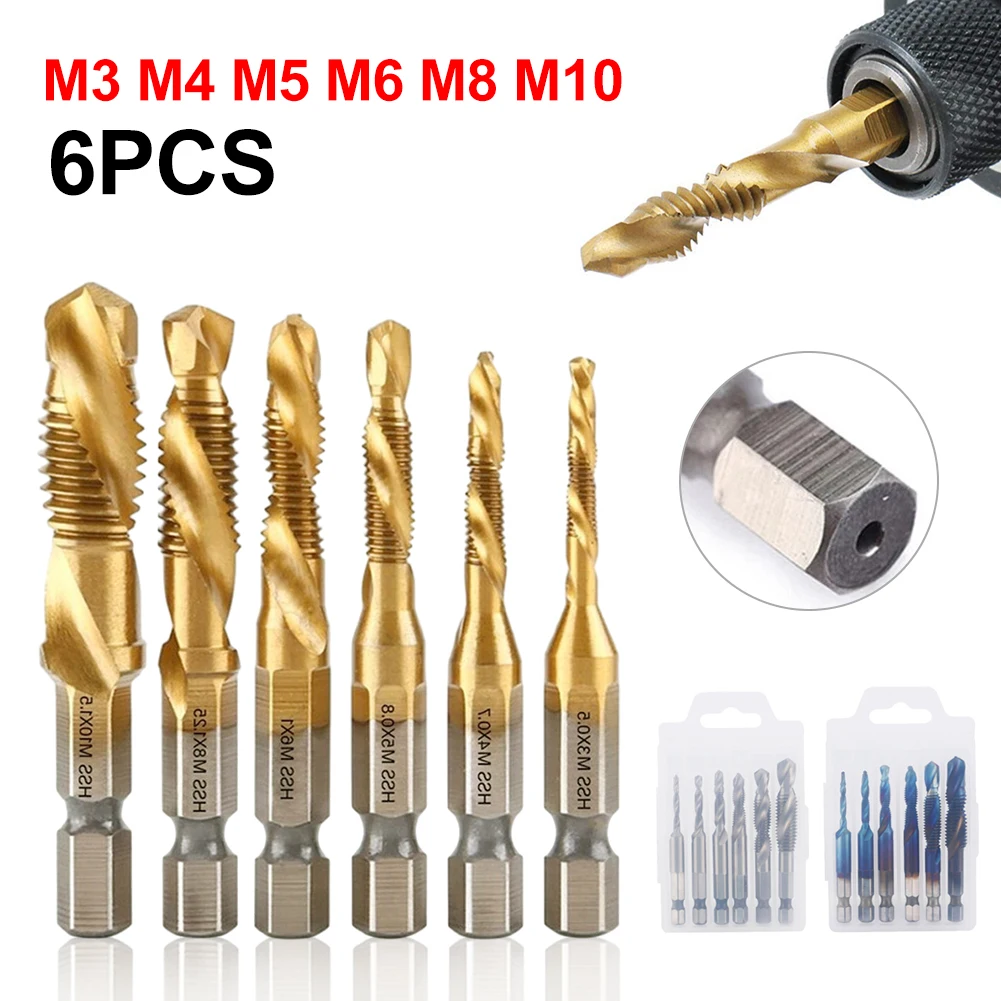 

Drill Tap Bit Set M3 M4 M5 M6 M8 M10 Titanium Plated HSS Screw Hex Shank Metric Tap Drill Bits Screw Tapping Bit Hand Tools