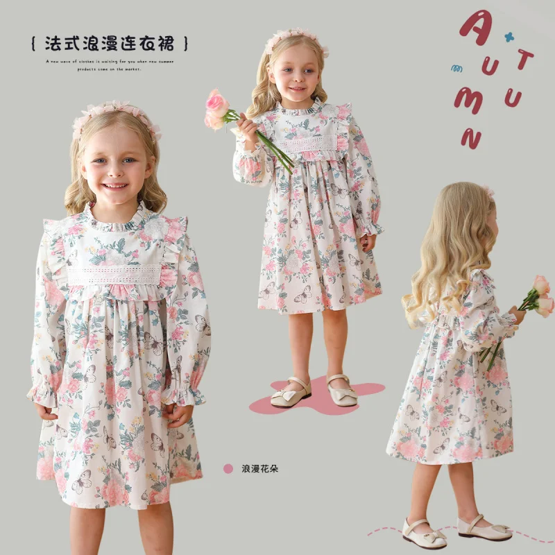 

South Korea Children's Clothing Fungus Ruffled Stand-up Collar Long-Sleeved Girls Dress2024Autumn Puff Sleeve Pansy Princess Dre