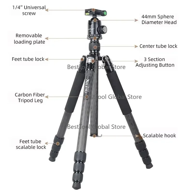 L-33-4C+J2 Car-bon Fiber Tripod - Lightweight Travel Tripod For DSLR/Mirr-orless/Smar-tphone With Ball Head & Qui-ck Release