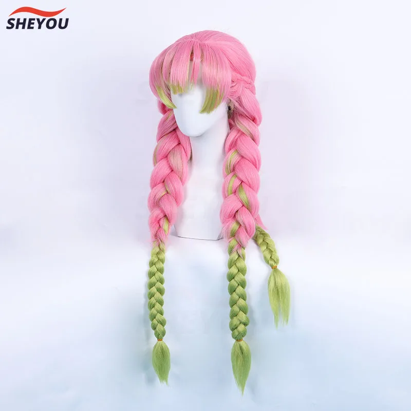 Hochwertige Kanroji Mitsuri Cosplay Perücke Anime lange grün rosa hitze beständige synthetische Haare Halloween Perücken Perücke Kappe