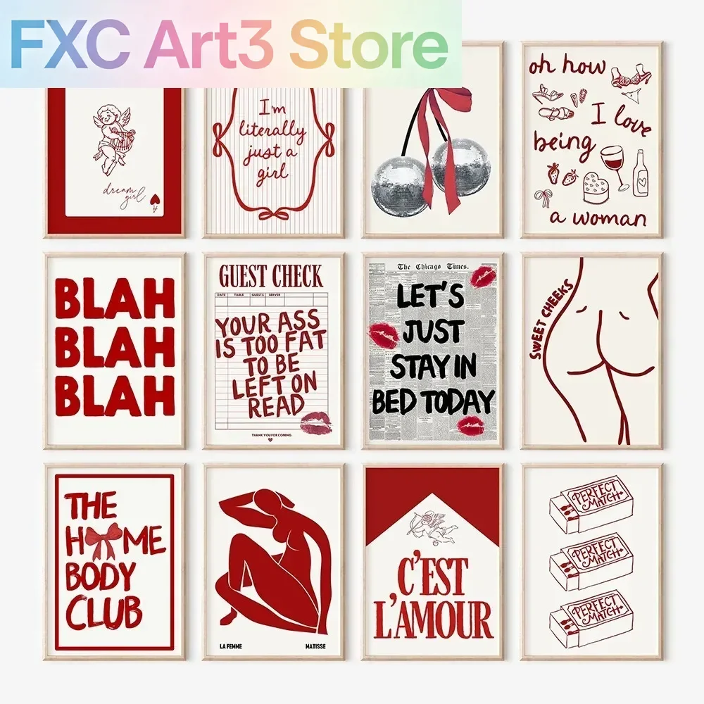 1 Stück rahmenloses rotes Galeriewand-Set, Leinwandgemälde für Schlafzimmer, coole, niedliche Retro-Poster, Dekor-Wandbilder