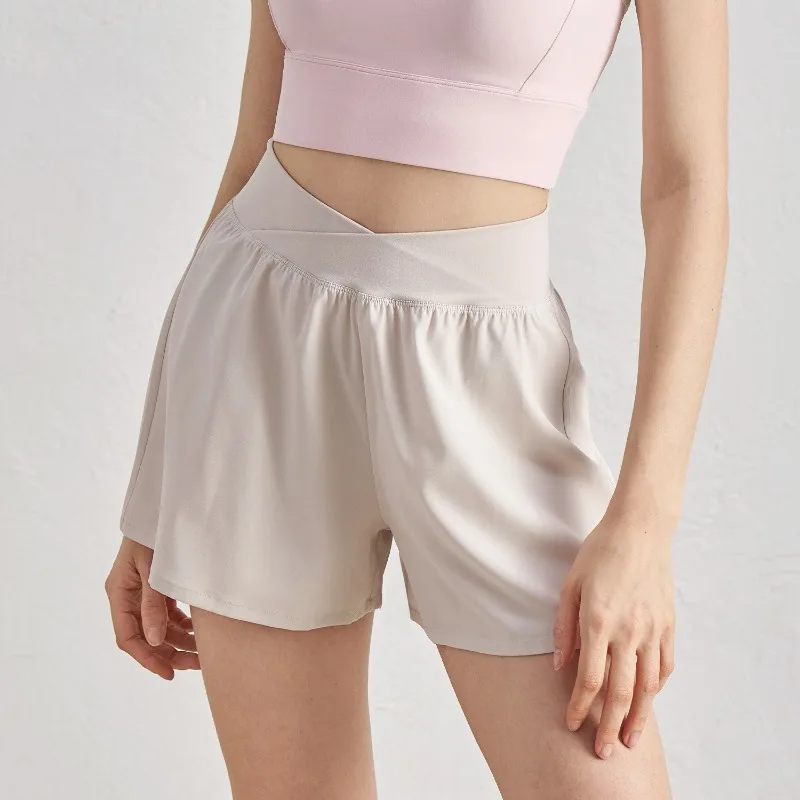 Zomer sportshorts met gekruiste taille, hoge taille, buikaanscherping, dun gedeelte, sneldrogende elastische shorts, outdoor yogabroek