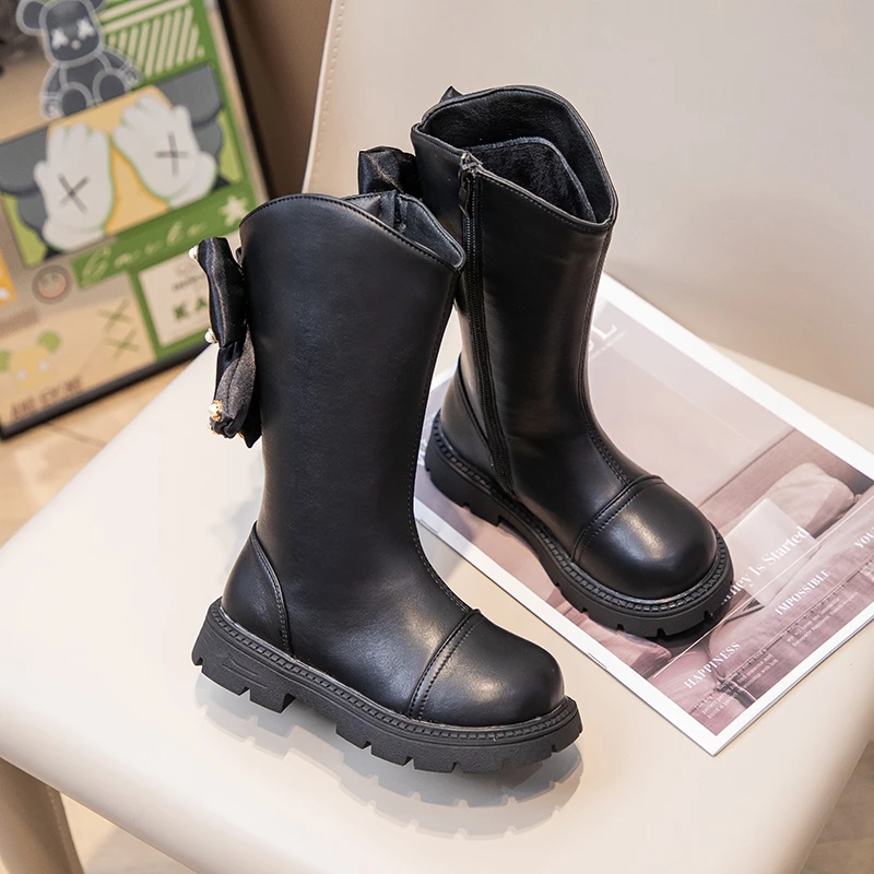 Shiny Rhinestone Bow Leather Boots for Girls 2025 New Winter Kid Mid-calf Boots Thick Sole Classic Elegant Christmas Party Boots