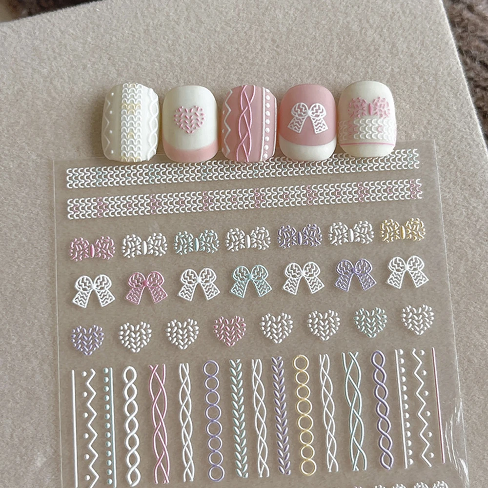 1 シートスイートボウネイルアートステッカー 5D エンボスハートちょう結びマニキュアスライダーかわいいニットパターンネイルデコレーションデカールガール