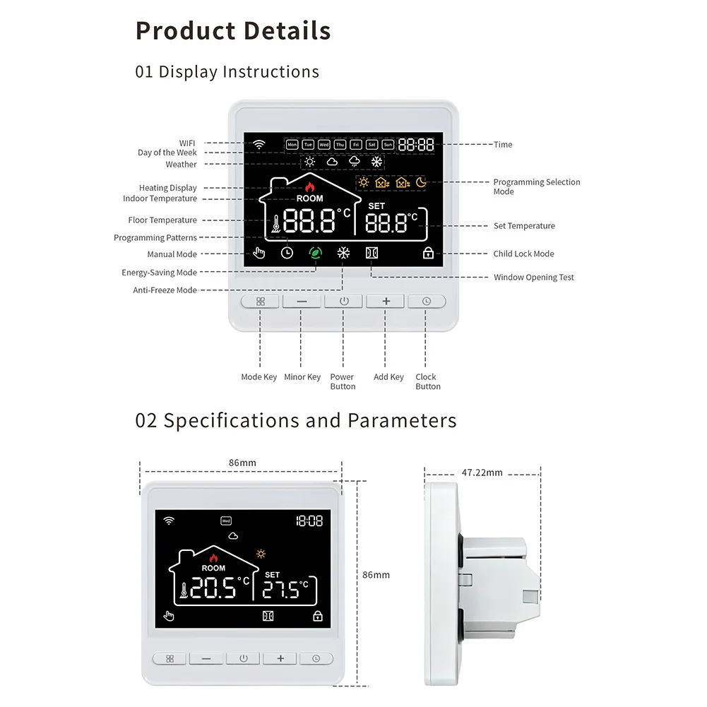 Tuya=WiFi=Smart Thermostat For Heating System= Programmable Temperature Controller With LCD Screen Remote App Control