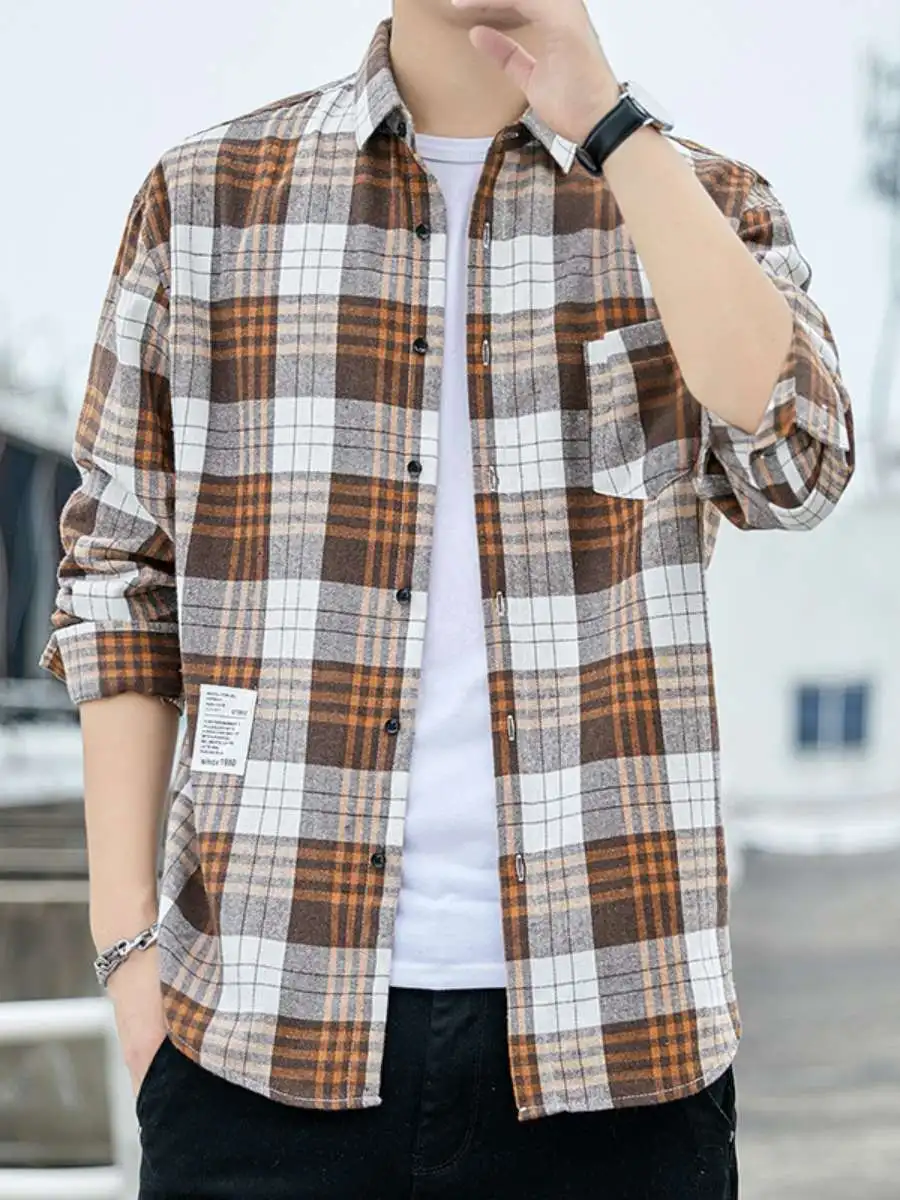 

Loose Long Sleeve Plaid Shirt Casual Style for Men Spring Season PU Material Belted Waist Design Fashionable Casual Shirt