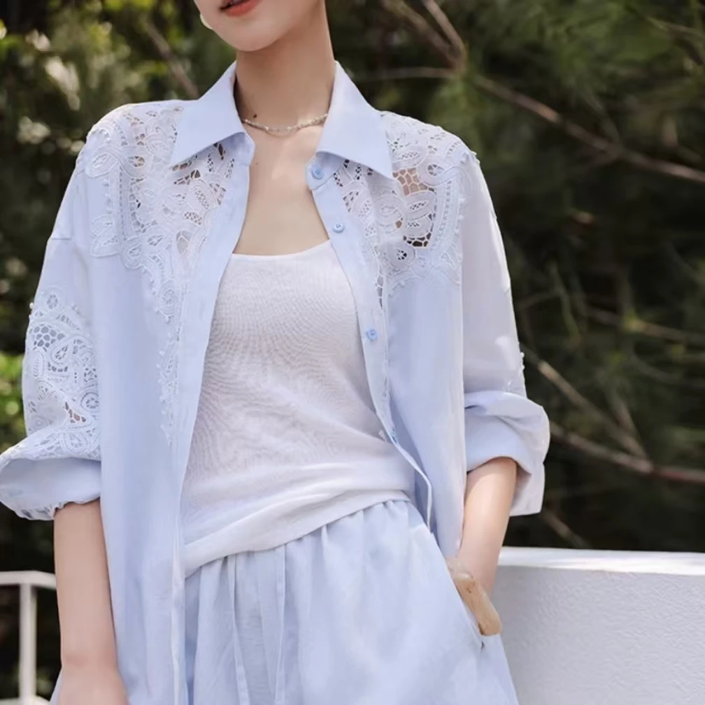 Camicette lunghe oversize in cotone 100% con perforazione a caldo con diamanti di design di marca di lusso per top cardigan a maniche lunghe autunnale da donna