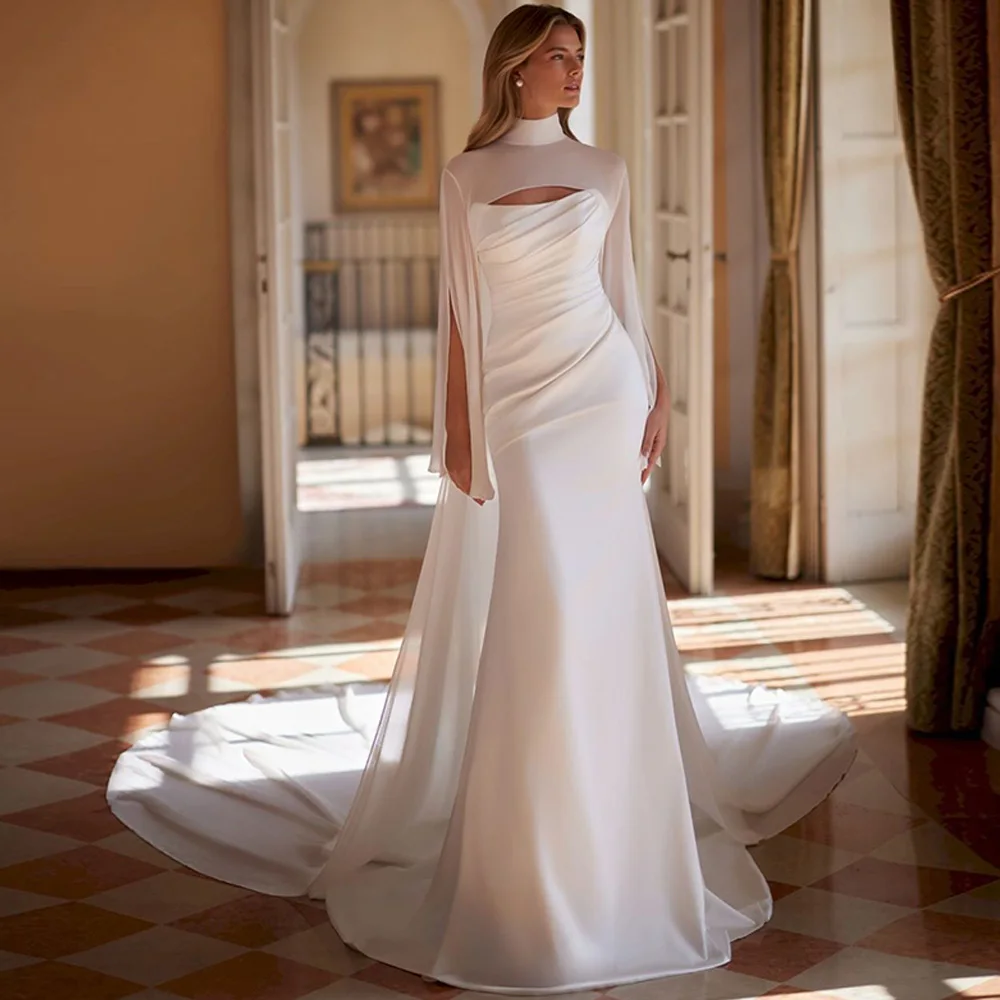 Charming Strapless Satin Wedding Dress Customized Temperament Mermaid Bridal Gowns with Shawl Simple Zipper Back Robe de mariée