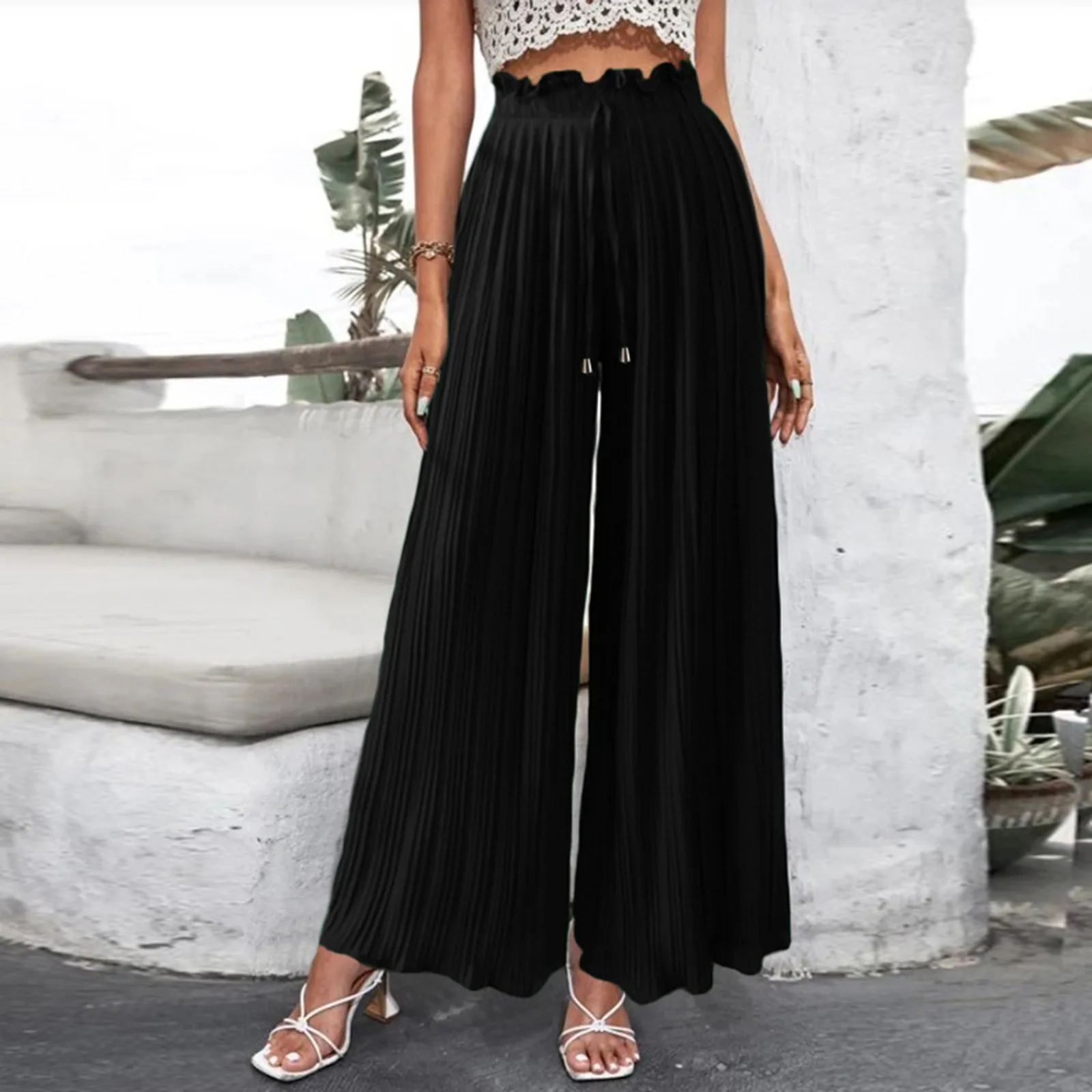 

Spring Summer Women Pleated Palazzo Pants High Waist Wide Leg Loose Casual Trousers Straight Drawstring Female Baggy Pants