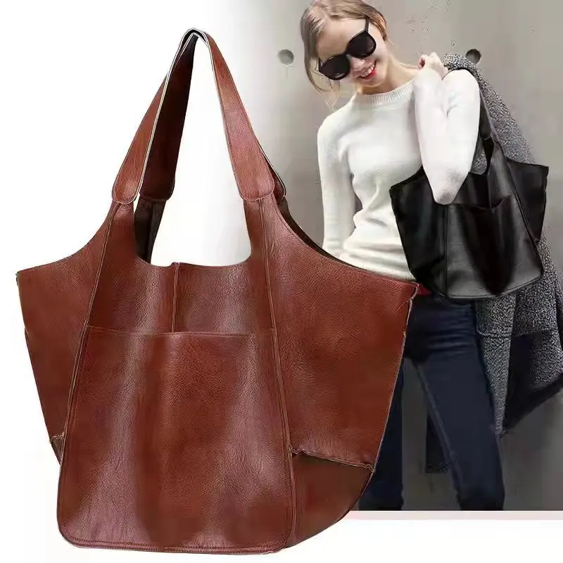 

European and American style large bag soft pu Leather Large Capacity Single Shoulder Tote Bag Women's bag Hobos