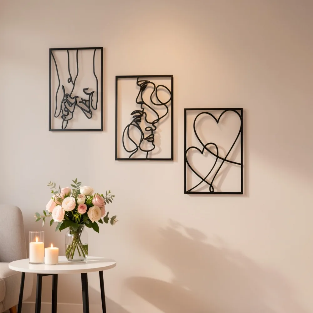 CIFBUY Abstract Line Couple Sculpture Metal Wall Art Iron Heart Face Decor For Home Office Hotel Cafe Black And White Plaque