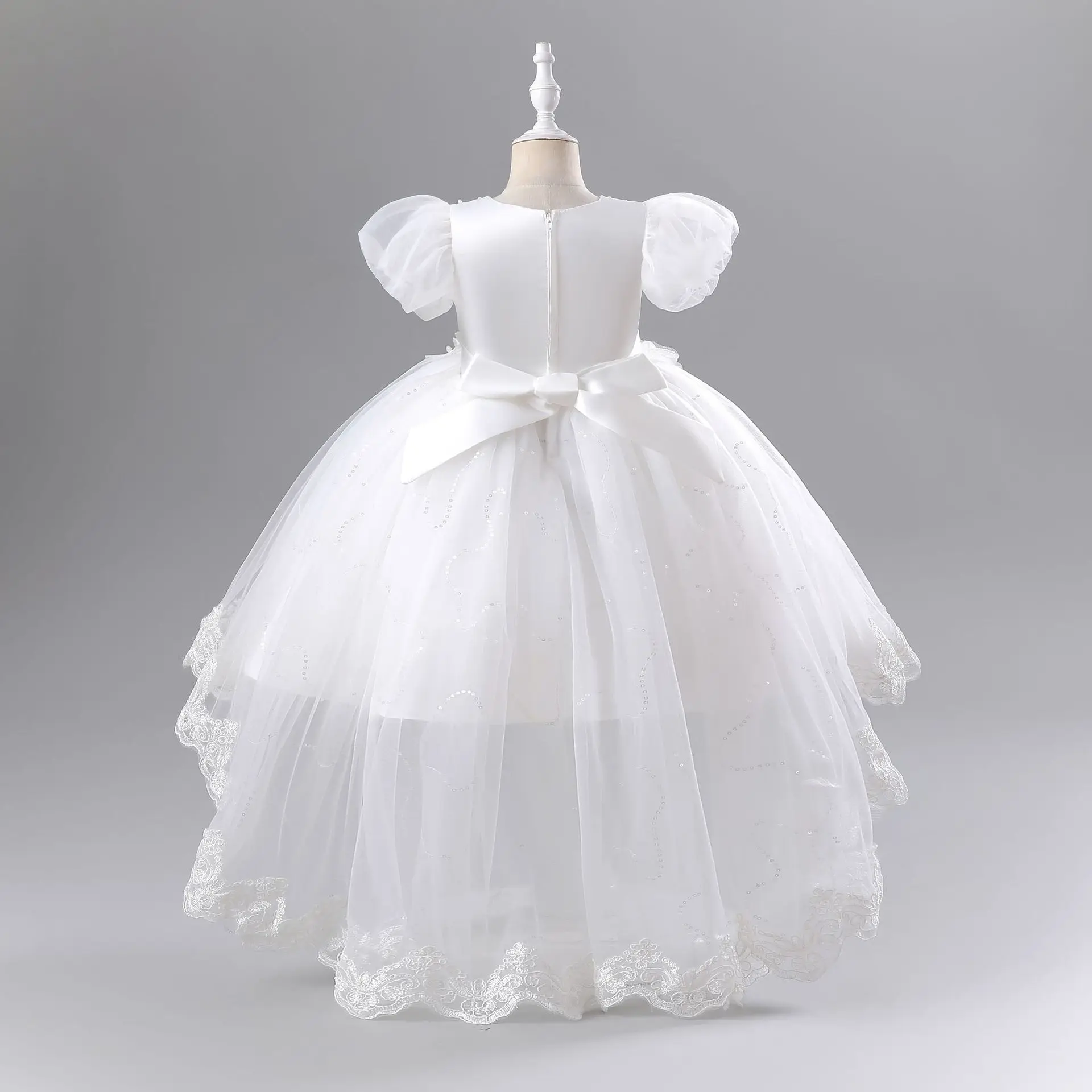 New Children\'s Dress Lace Trail Princess Dress Mesh Applique Bubble Sleeve Wedding Flower Boy Bow Sweet and Cute Dress