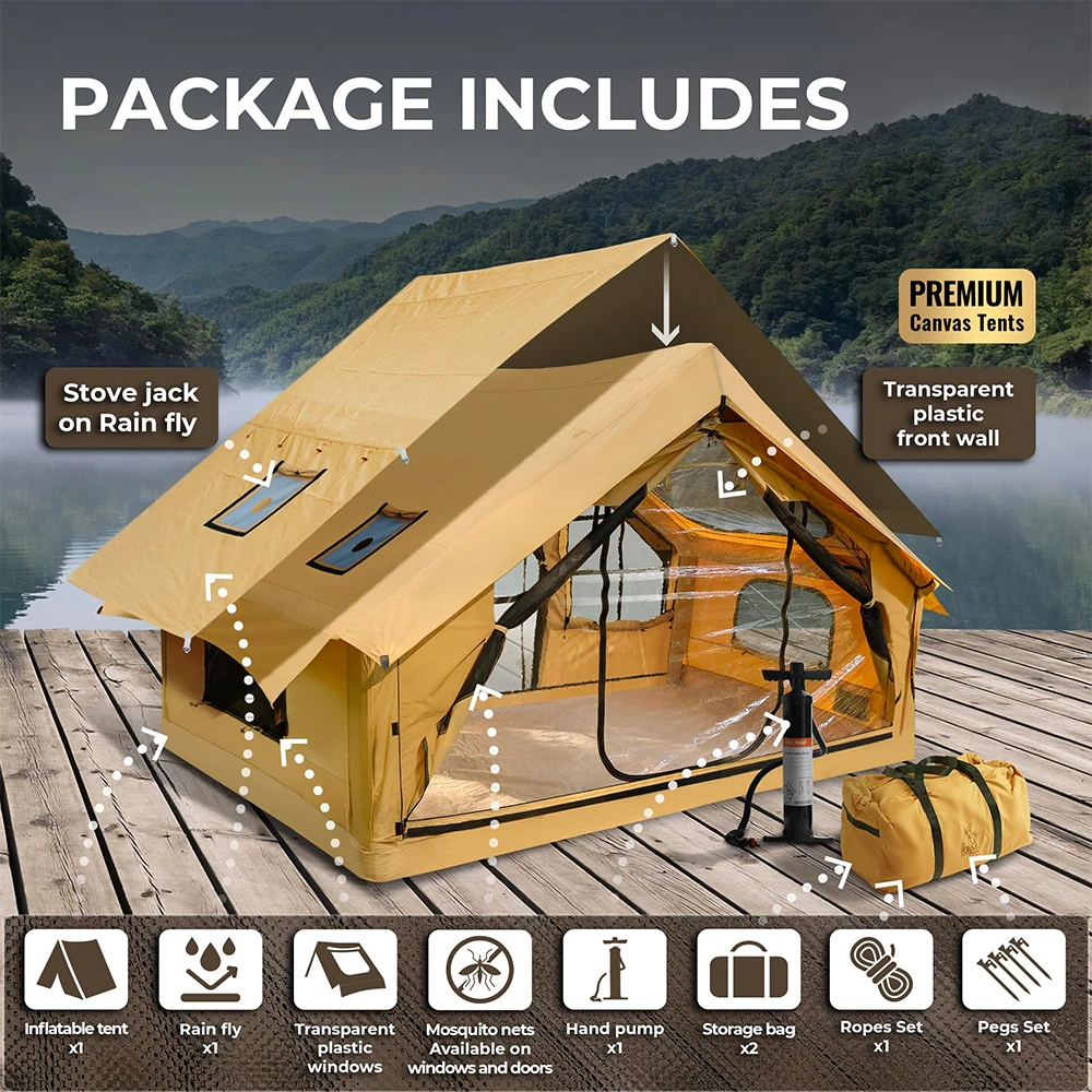 Inflatable Tent 4-8 Person 4-Season with Stove Jack Waterproof Oxford Fabric Luxury Camping Tent with Carry Bag