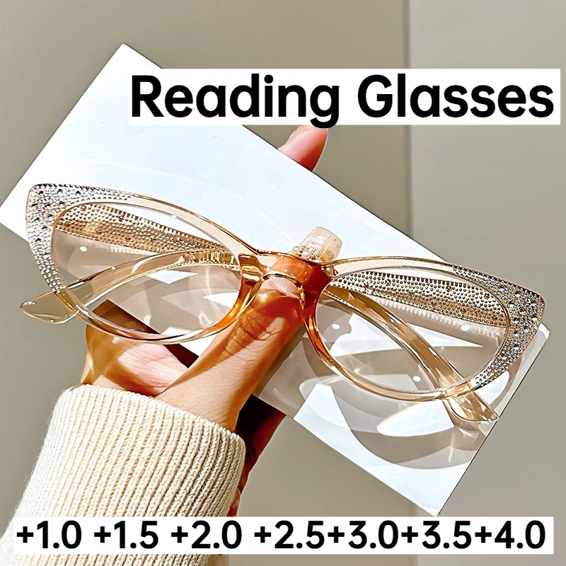 

Unisex Retro Cat's Eye Frames Reading Glasses Diamond Decoration Anti-Blue Light High Definition Presbyopia Glasses 0 To +4.0