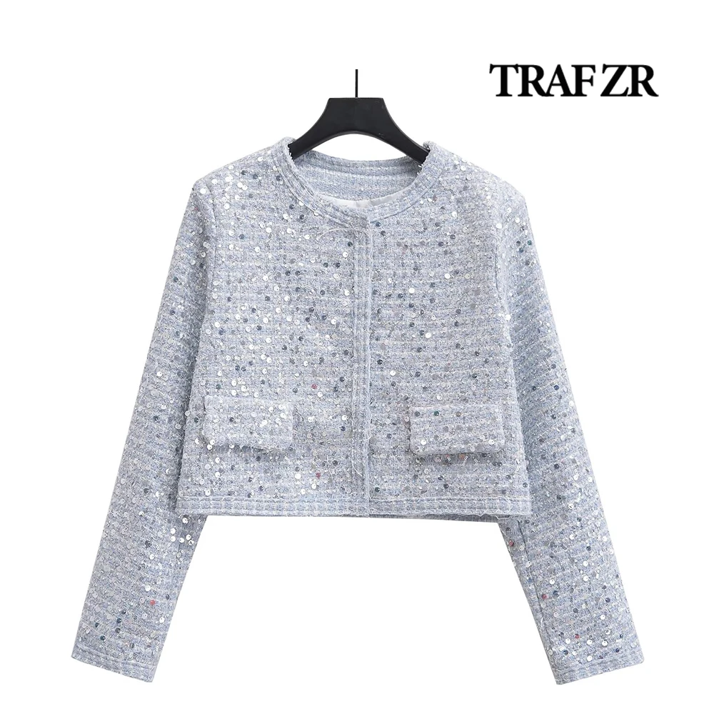 

TRAF ZR Vintage Stylish Shiny Blazers Decorated Flap Pocket Chic Sequins Outer Top Woman Coats with Front Hidden Snap Button