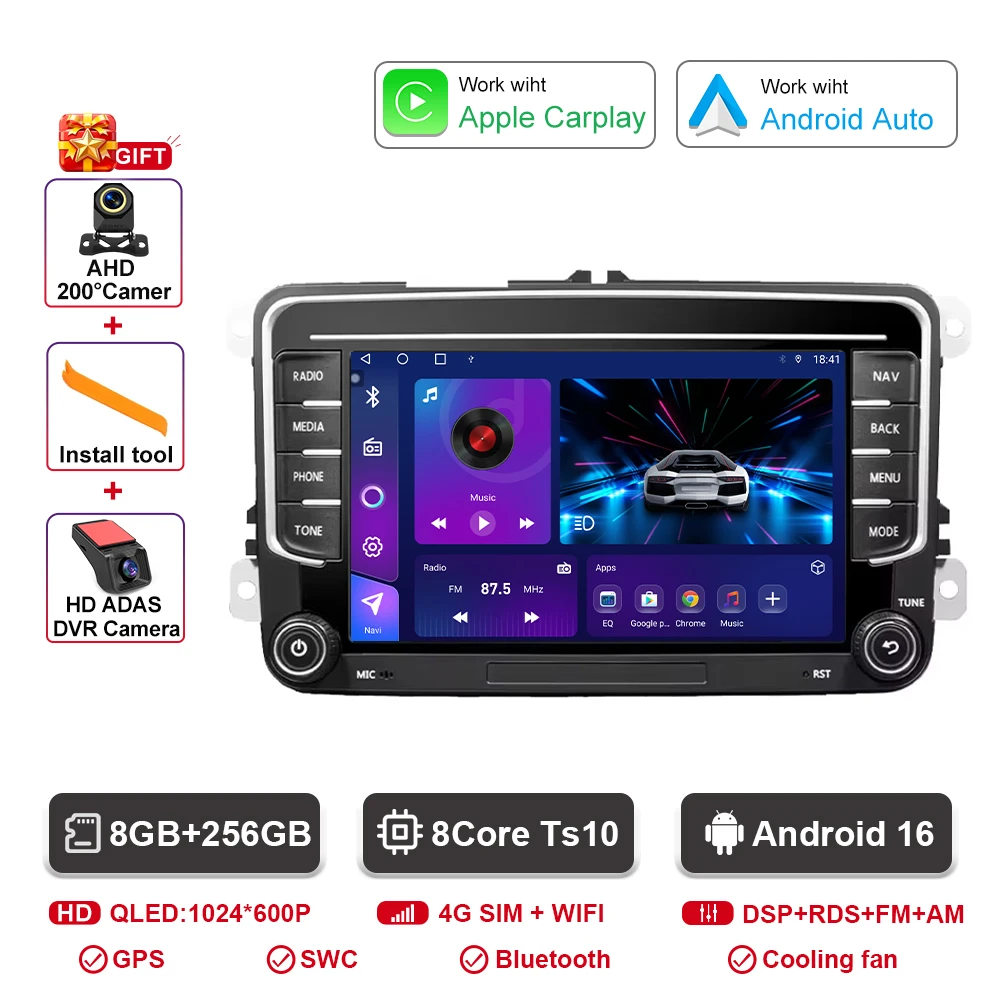 Auto radio voor VW Skoda Golf Touran Passat B6 B7 Polo Android Auto Multimedia Videospeler GPS Carplay BT QLED Scherm Stereo WIFI