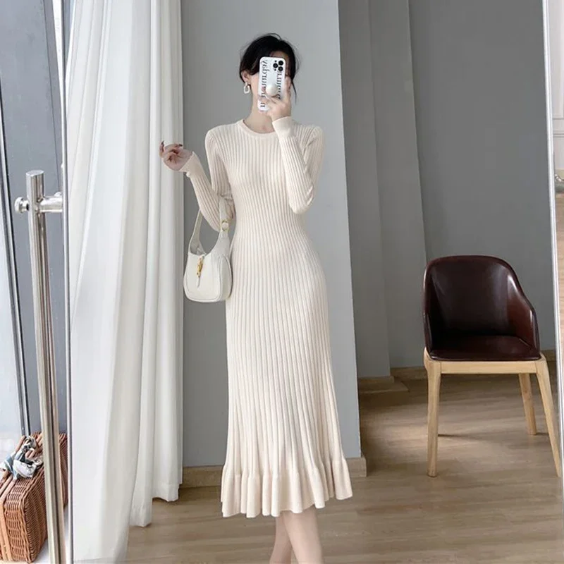 Zoki Apricot Knitted Ruffles Dress Women Korean Autumn Elegant Slim Long Sleeve Midi Dress Solid Streetwear Casual A Line Dress