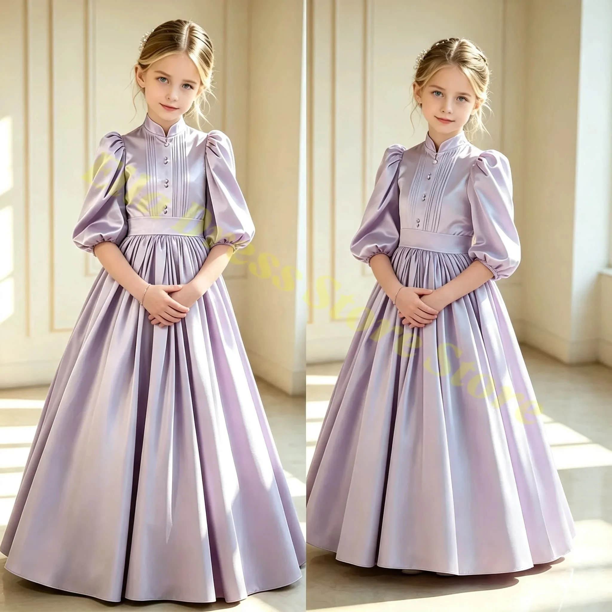 Elegantes Elfenbeinfarbenes Satin-A-Linien-Blumenmädchenkleid für kleine Mädchen, Hochzeit, Taufe, Erstkommunion, Geburtstagsfeier, Abendveranstaltung, Großhandel – Detail 2