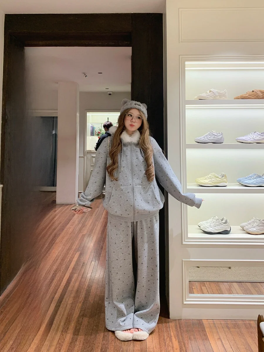 

Annie Silver Fur Hooded Jaet And Pants Set Women's plus Size Casual Sweatirt Two-Piece Suit Star Print Warm Thiened