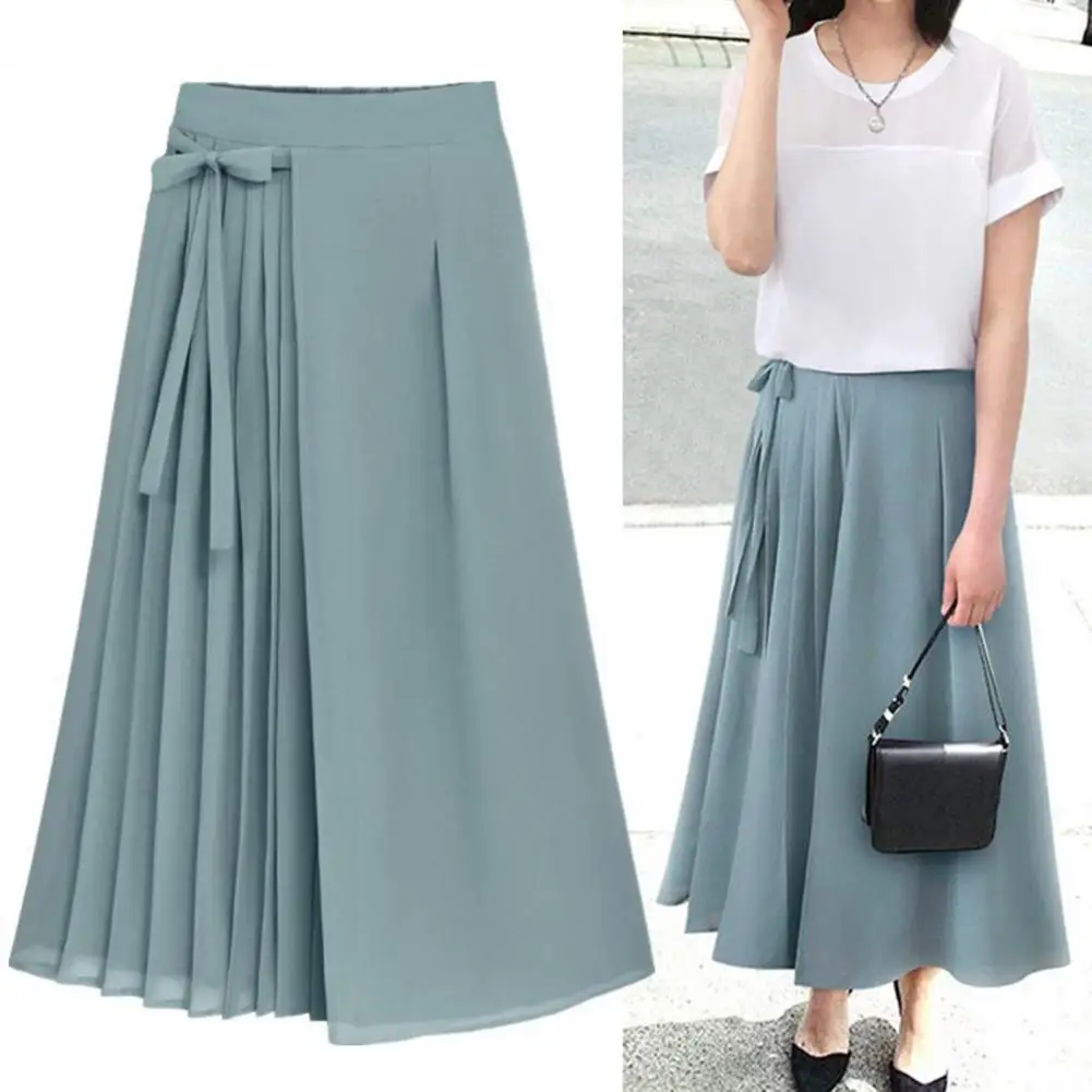 Bow Waist Culottes Elegant Women's Pleated Chiffon Culottes with Bow Detailing Stylish Wide Leg Trousers for Spring Summer