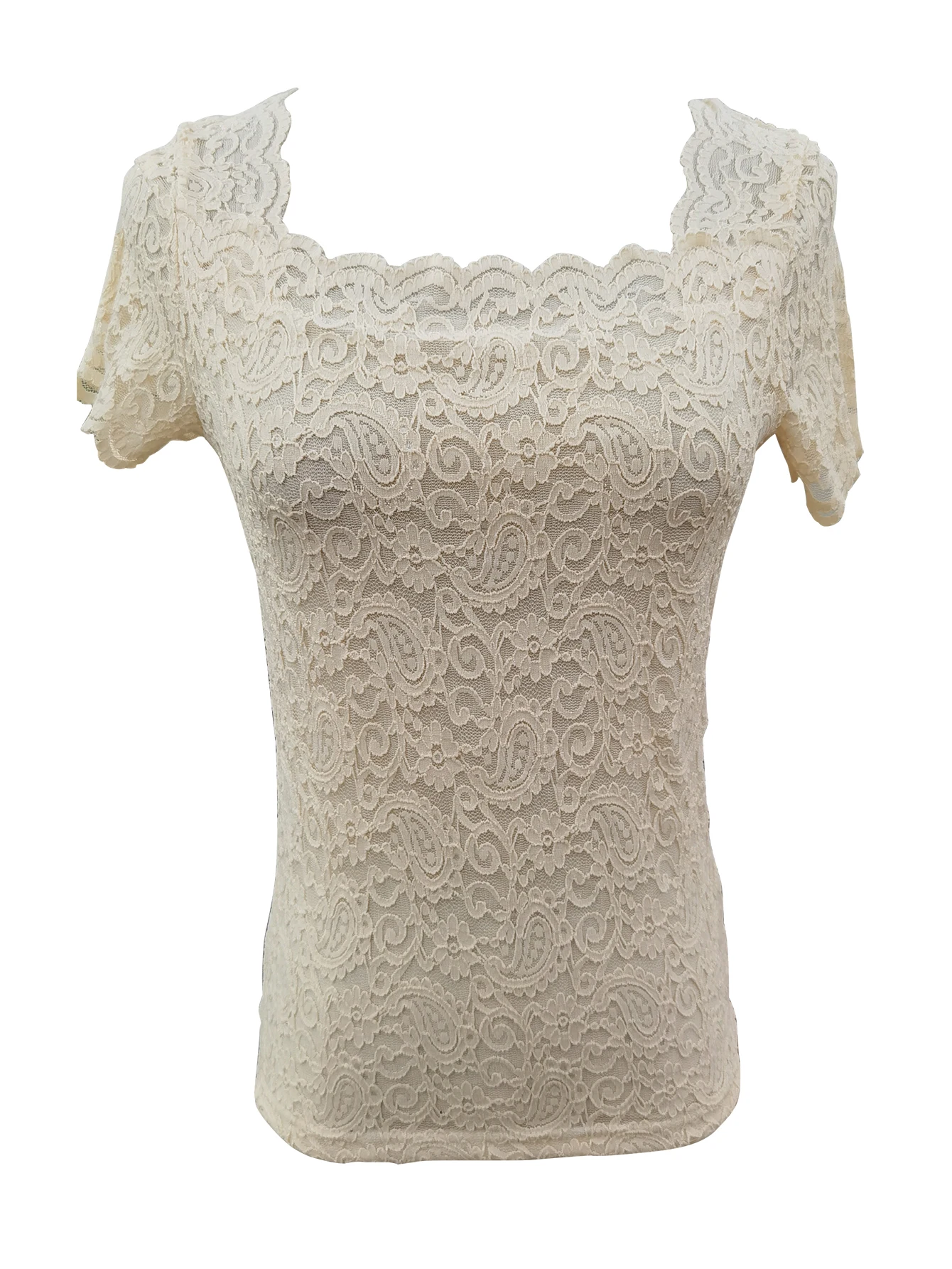 Lace square collar short-sleeved top for women summer