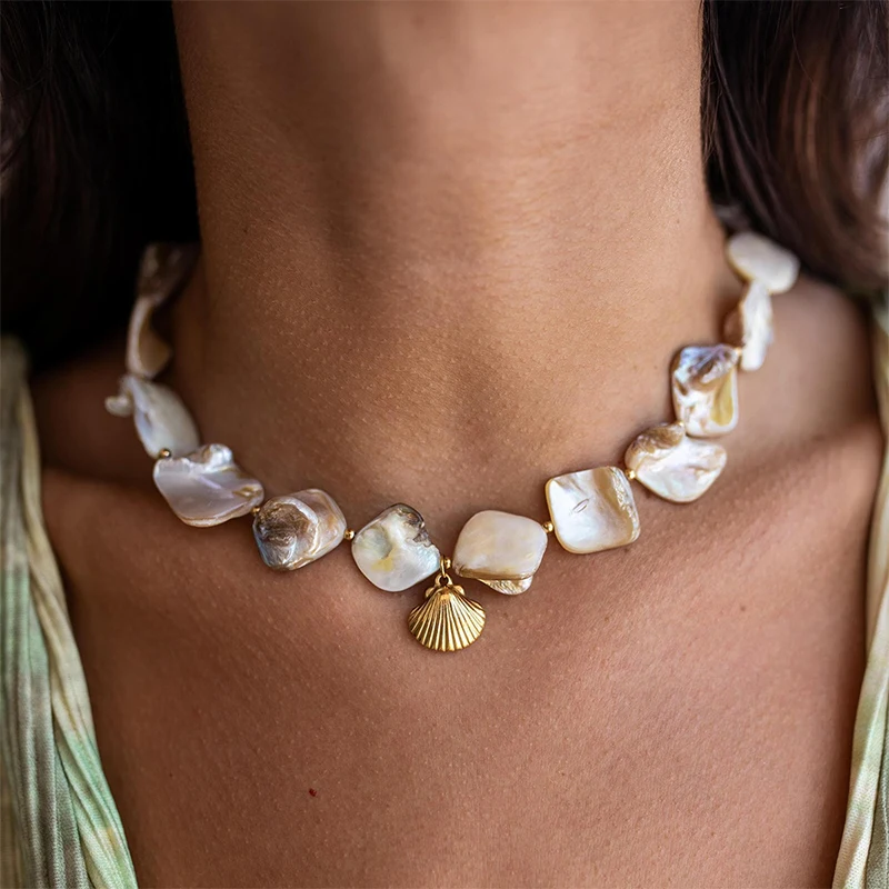 PRISCA | Stainless Steel Shell Necklace for Women Exaggerate Beach Starfish Chic Jewelry Fashion 2024