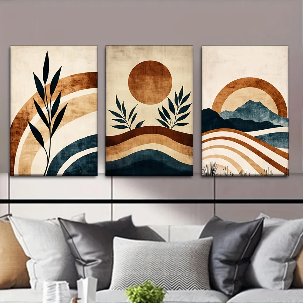 2D Flat, 3pcs/Set, Canvas Painting--Unframed, Bohemian Landscape, Artist Drawing Set, Living Room, Library, Office, Cafe, Bar