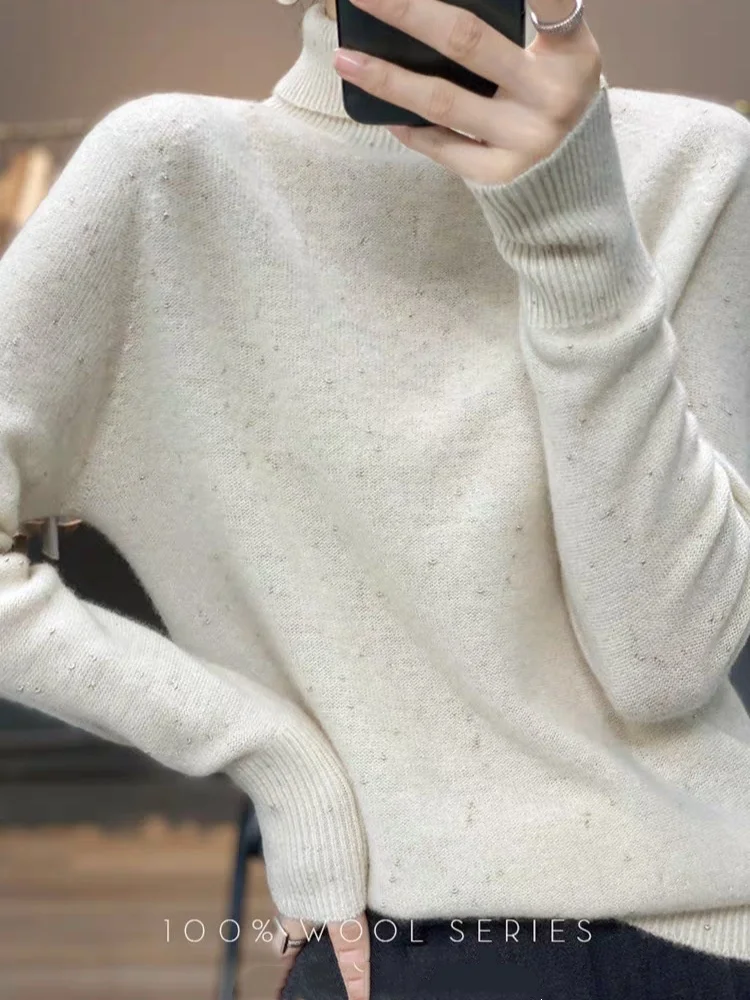 Birdtree 100% Sheep Wool Knited Sweater,Woman Golden Yarn Turtle Neck Full Sleeve Undershirt,2025 Autumn Warmth KnitwearT59630JF