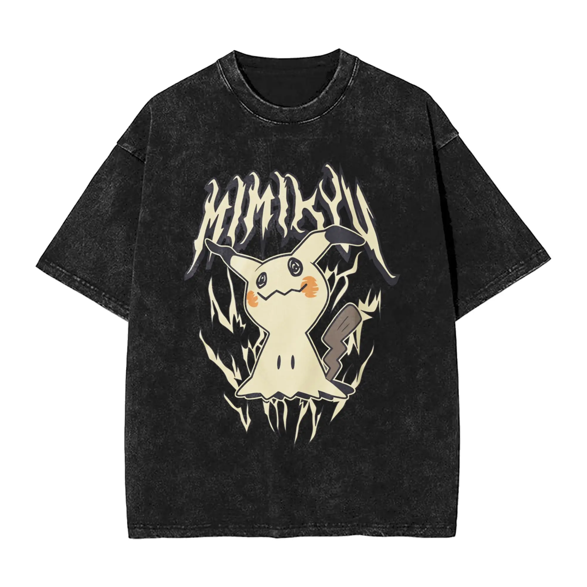 Funny Pokemon Mimikyu Metal T-Shirts Men O Neck Pure Cotton Washed T Shirts  Short Sleeve Tees Gift Clothing