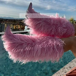 Pink Fluffy Furry Knee Length Boots Female Sweet Pointy Toe Fur Winter Thin High Heels Boots Women Party Fashion Elegant Shoes