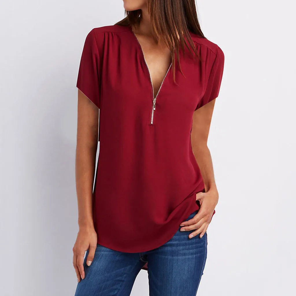 S-5xl Ladies Loose Blouse Chiffon Shirt Zipper V-Neck Half Sleeve Shirts Casual Office Lady Sexy Blouse Shirt Tops Women Blouse