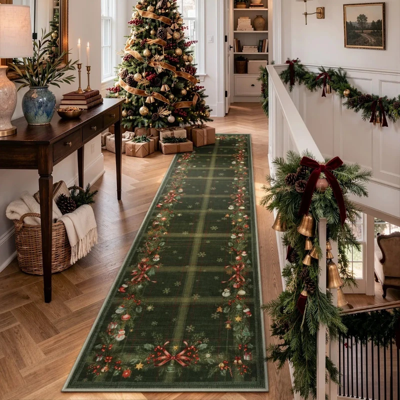 Corridor Carpet Hallway Runner Rug Non-slip Machine Washable Floor Mat Christmas Plaid and Pine Garland Long Rugs Home Decor Mat