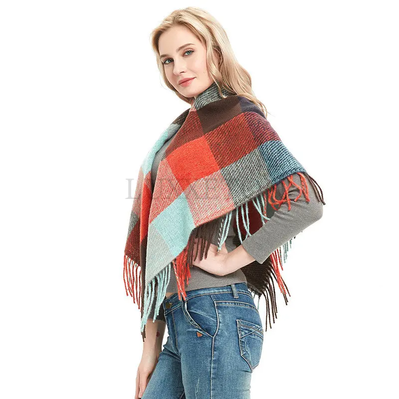 Women Knit Winter Scarf Cashmere Pashmina Female Plaid Warm Tassels Scarves Blanket Shawls Bandana Wraps Bufanda