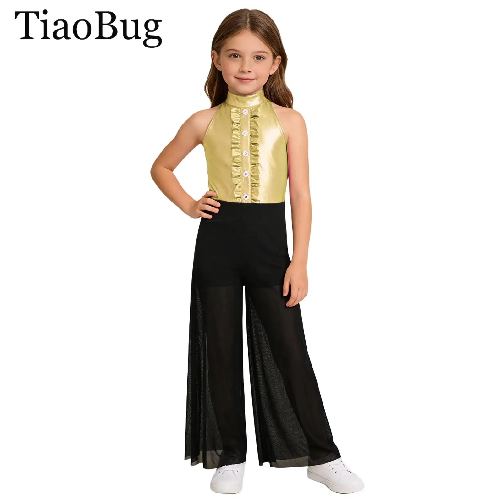 

Kids Girls Jazz Dance Jumpsuit Ballet Lyrical Performanc Costume Sleeveless Zipper Ruffle Metallic Bodice Mesh Wide-Leg Bodysuit
