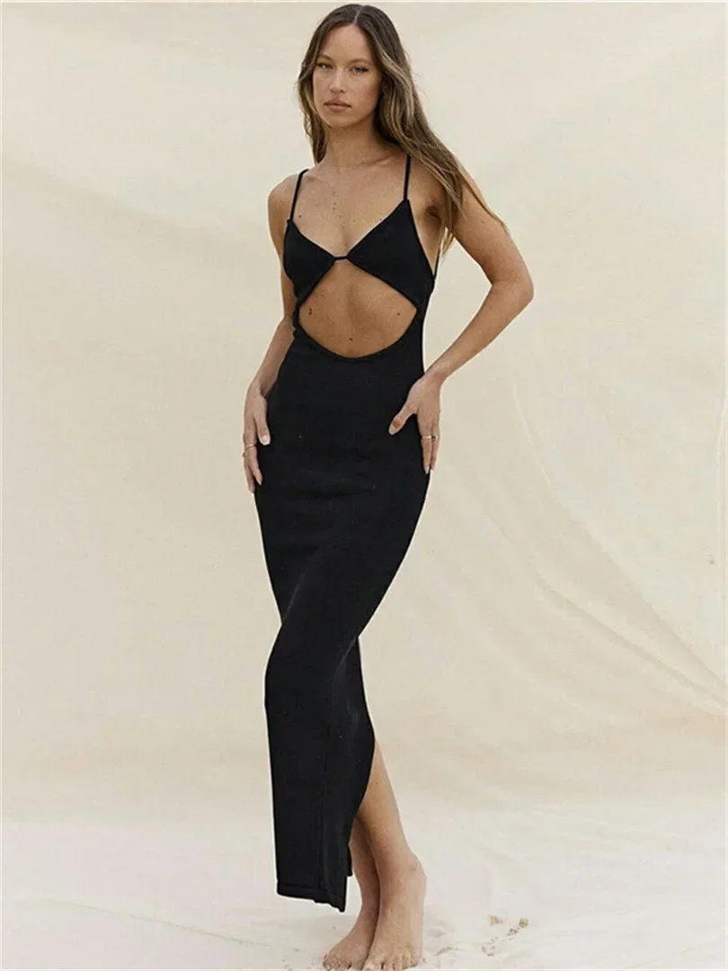 Weiß sexy langes Kleid rücken frei gestrickt Slip Maxi Vintage Frauen Kleidung aushöhlen Bodycon Strap Tank Elbise Sommer 2024 Mode