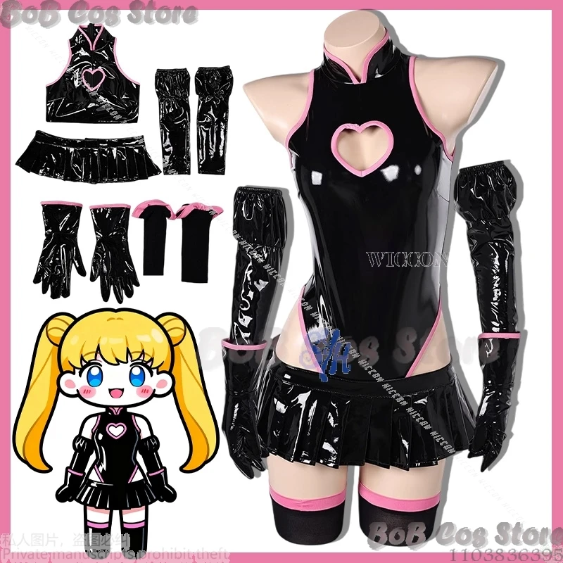 

Hot Girls Jirai Kei Y2K Halloween Cosplay Black PU Sexy Heart Hollowed Out Clothes Dress Jumpsuit Lingerie Comic Con Roleplay