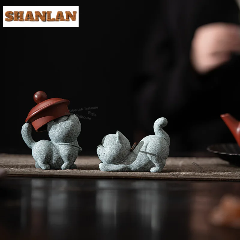 Blue Sand Stone Cute Cat Tea Pet Japanese Lucky Model Tea Figurine Play Toys Tea Statue Ornaments Tea Services Accessories Gifts