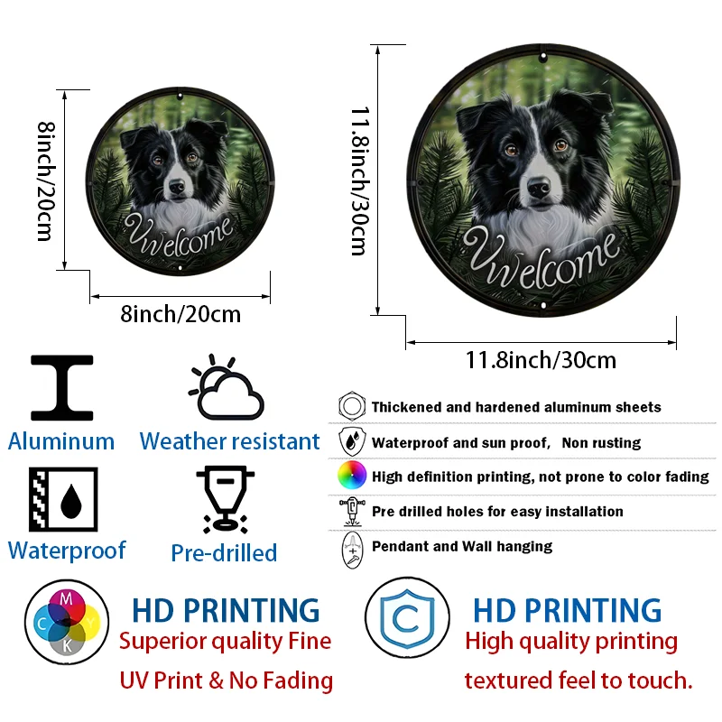 Aluminiowa grafika ścienna Welcome Dog Sign, wodoodporna okrągła dekoracja dla zwierząt, projekt Border Collie, idealna do domu, ogrodu, werandy