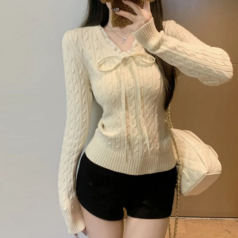 

Вязаный свитер, женские пуловеры, новый вязаный свитер с длинным рукавом и v-образным вырезом на шнуровке, пуловер, женские топы, свитера Sueters De Mujer Q955