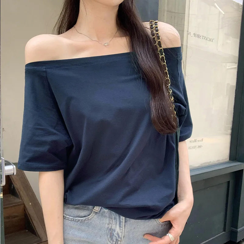 Off Shoulder T-Shirt Lace Top Womens Yellow Bright Simple Solid Color Regular Version Basic Plain Female Tee Pure Fresh Light GF