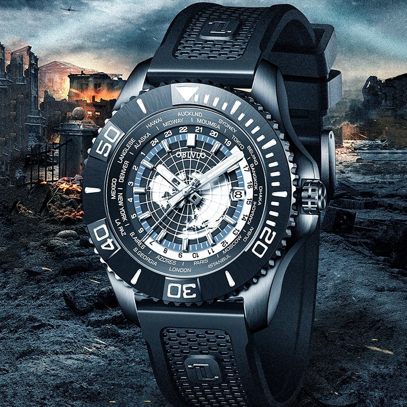 mens automatic mechanical watch100m water resistance luminous world time24 hour indicator calendar stainless steel case43mm dial