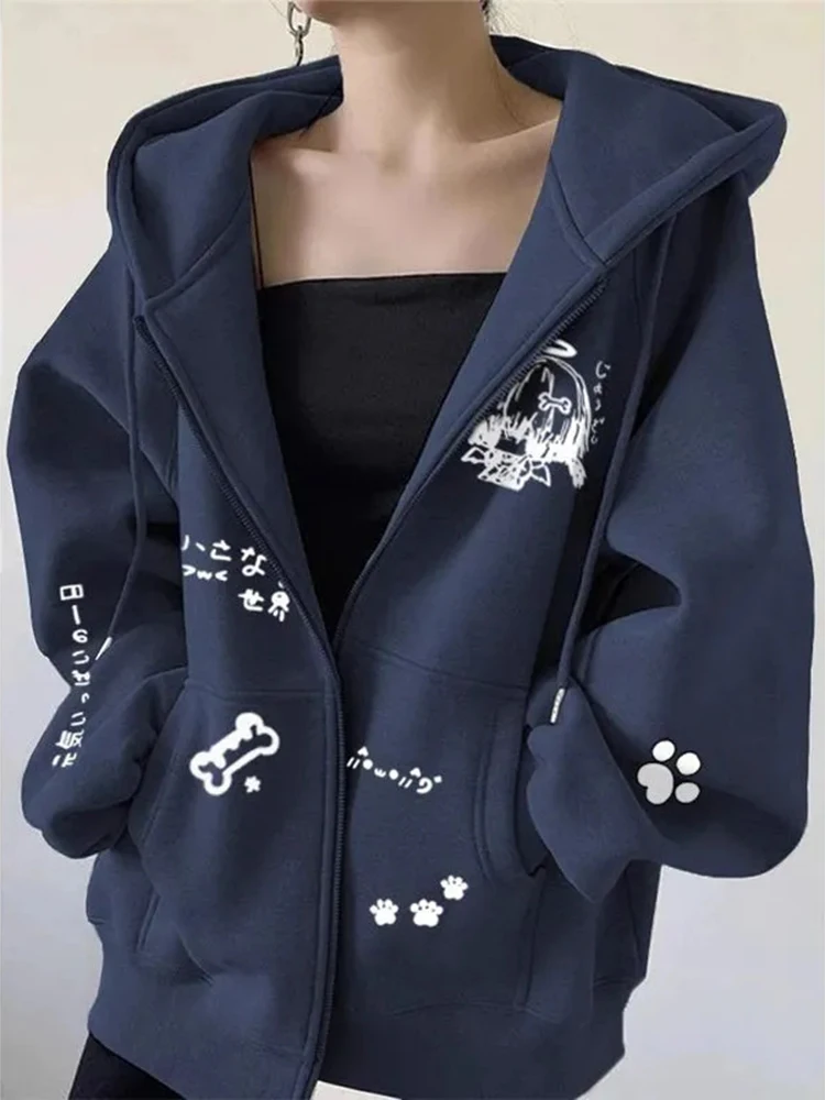 日本の漫画プリントパーカー女性かわいい怠惰な風ジッパーフード付きスウェットルーズカジュアル純粋な綿プレッピー原宿トップス