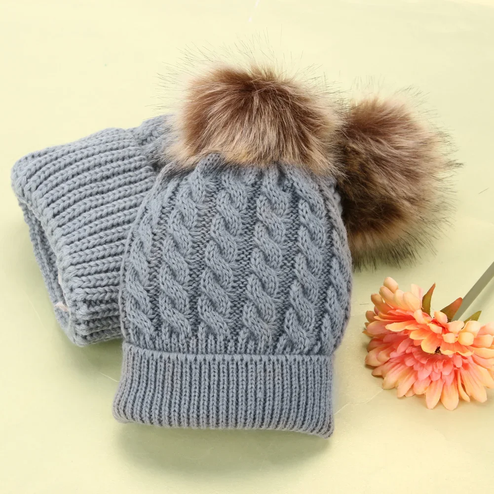 Mom And Baby Pompon Warm Hats Imitation Raccoon Fur Bobble Beanie Kids Cotton Knitted Parent-Child Hat Winter Caps