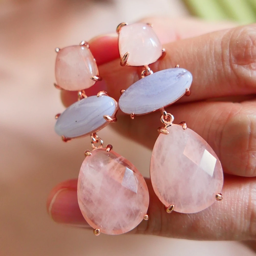 

KQDANCE Natural Gem Stone Pink Rose Quartz Blue Agate Tear Drop Earrings Silver Pin Rose Gold Plated Jewelry Woman