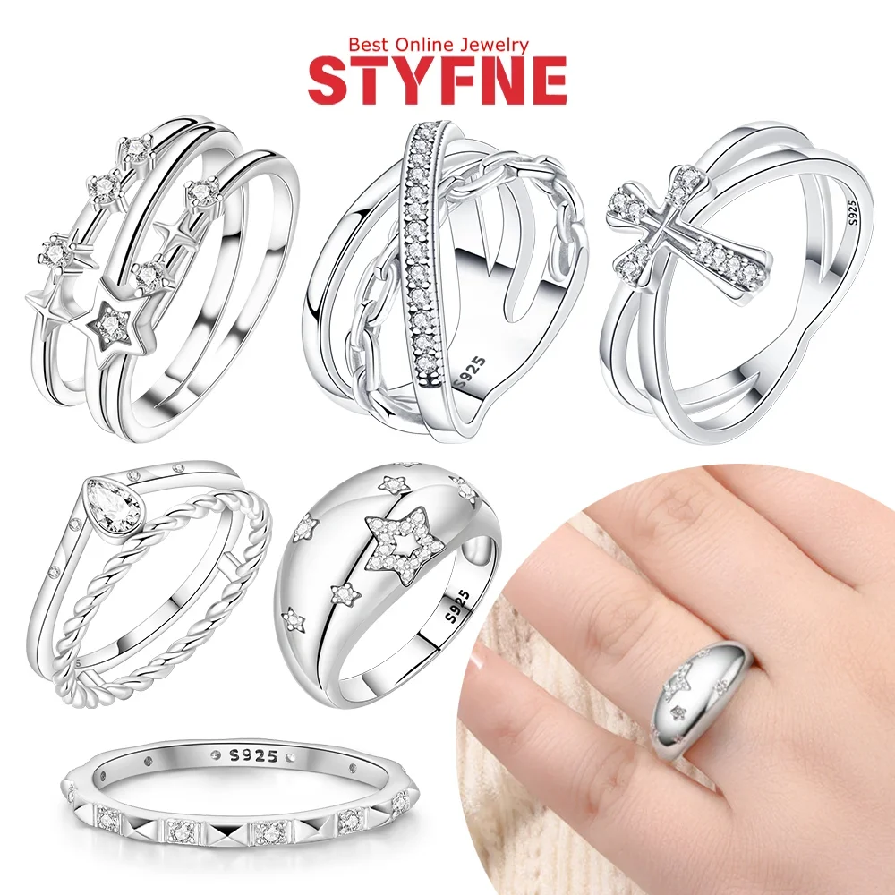 

Кольца из серебра 925 пробы с блестящим цирконом, звездой и луной, многослойное соединительное кольцо, витая веревка, закрытое кольцо для женщин, модное кольцо, ювелирное изделие, подарок