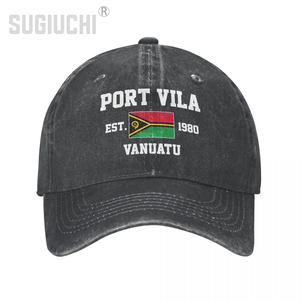 Flag of Vanuatu EST.1980 Port Vila Unisex Adult Charcoal Washed Denim Baseball Cap Men Vintage Cotton Dad Patriotic Trucker Hat