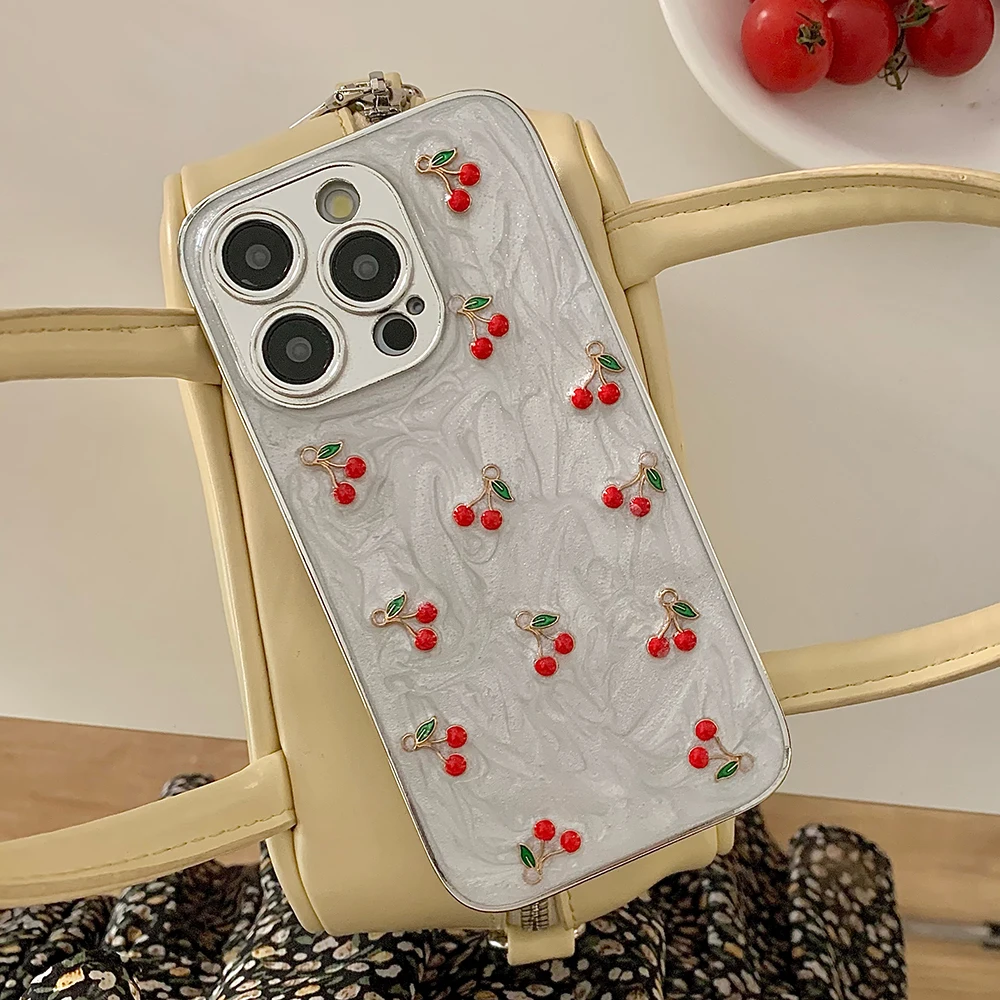 Qianliyao Cute 3D Silver Cherry Fruit Phone Case For iPhone 16 15 14 13 12 11 Pro Max Soft Shockproof TPU Back Cover