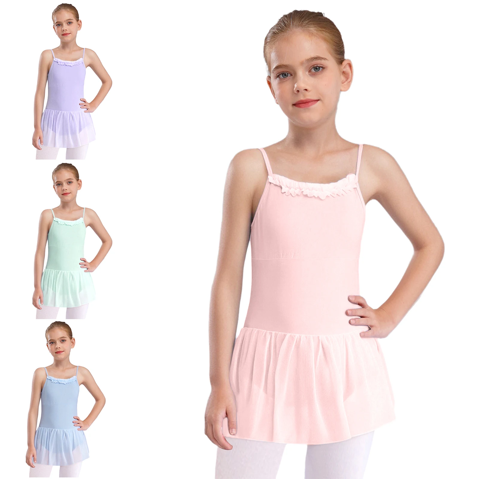 

New Girls' Dance Sleeveless Dress Nylon Spandex Blend with Ruffled Neckline Adjustable Straps for Ballet Gymnastics Performance